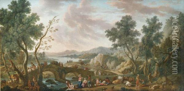 Weite Flusslandschaft Mit Hirten, Wascherinnen Und Reisenden Oil Painting - Vittorio Amedeo Cignaroli