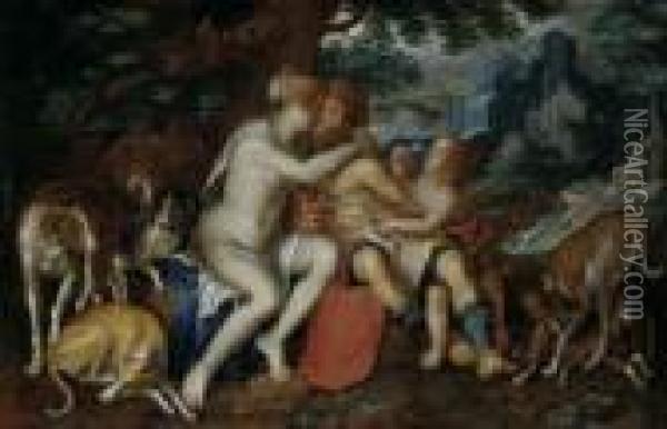 Venus Und Adonis Mit Amor. Im Hintergrund Adonis Im Kampf Gegen Den Wilden Eber. Oil Painting - Peter Wtewael