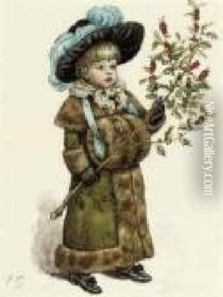 A Young Girl Dressed Up For 
Christmas, Wearing A Fur Coat And Muffand Carrying A Holly Branch Oil Painting - Kate Greenaway