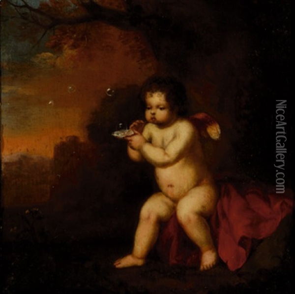 Bubble-blowing Putto (+ Standing Putto; 2 Works) Oil Painting - Francois Verwilt