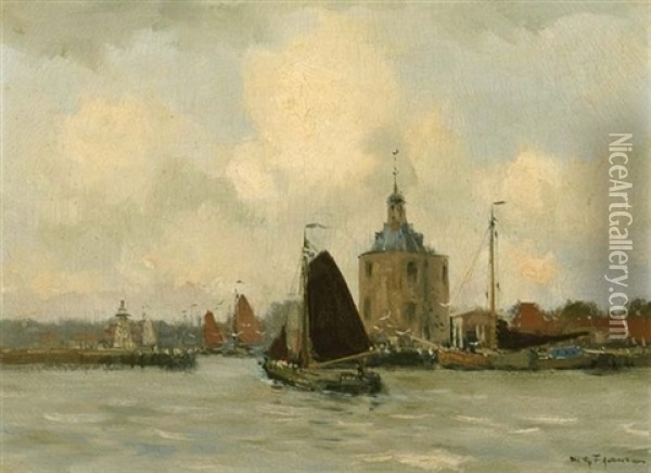A View Of The Dromedaris, Enkhuizen, As Seen From The Ijsselmeer Oil Painting - Willem George Frederik Jansen