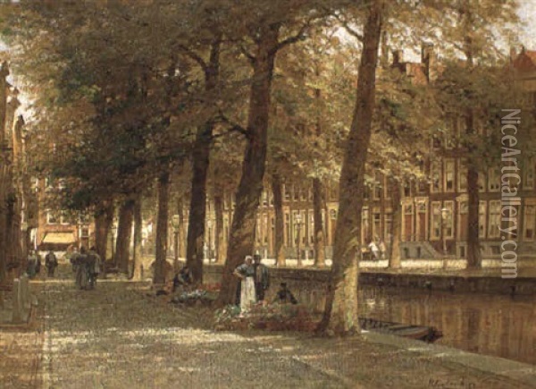 A View Of The Smidswater, The Hague Oil Painting - Johannes Christiaan Karel Klinkenberg
