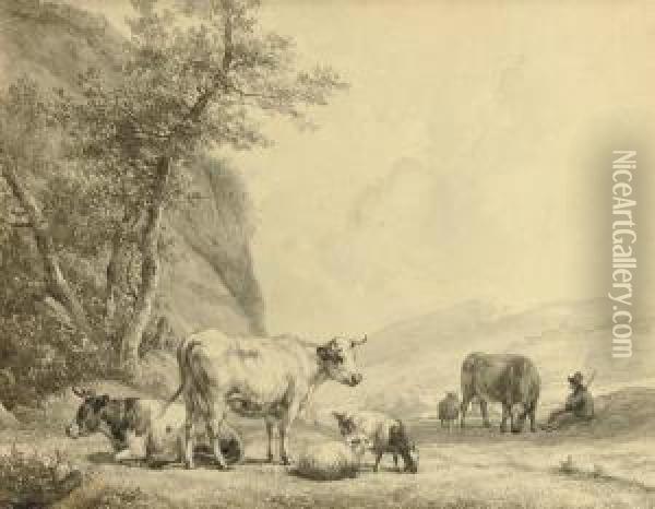Cattle In A Peaceful Meadow Oil Painting - Hendrikus van den Sande Bakhuyzen