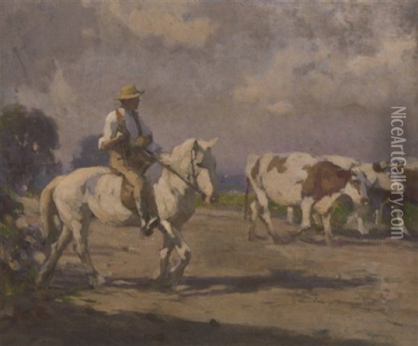 A Cow Drover On Horseback Oil Painting - Frederick Hall