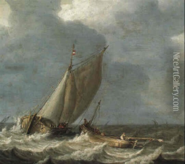 Marine A La Barque Revenant Vers Un Navire De Peche Oil Painting - Abraham van Beyeren
