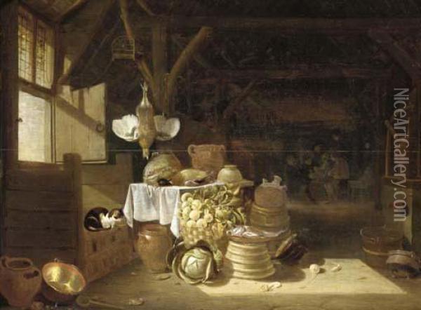 A Kitchen Interior With Boors Smoking In The Background Oil Painting - Pieter de Bloot