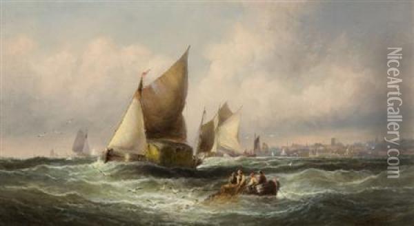 Hay Barge And Fishing Vessels In The Thames Estuary Oil Painting - William A. Thornley Or Thornber