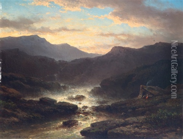 Berglandschap Met Beek Bij Avondlucht Oil Painting - Johannes Hilverdink