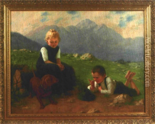 Geschwisterparchen Mit Dackel Spielend Auf Der Hochalm Vor Felsenpanorama Oil Painting - Theodor Kleehaas