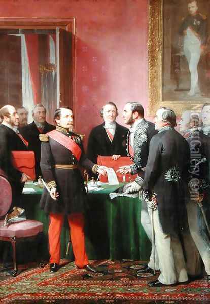 Napoleon III (1808-73) Hands Over The Decree allowing the Annexation of the Suburban Communes of Paris to Baron Georges Haussmann (1809-91) in June 1859 Oil Painting - Adolphe Yvon
