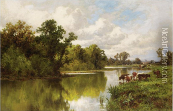 Cattle Grazing On The Thames Oil Painting - Henry Hotham Harris