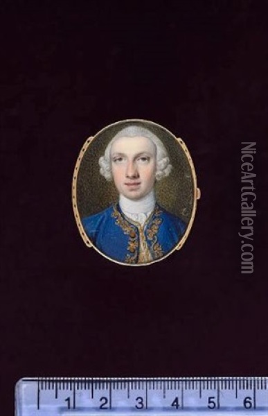 A Gentleman Wearing Royal Blue Coat With Gold Frogging In A Foliate Motif, White Waistcoat, Frilled White Chemise, Stock And Powdered Wig Oil Painting - Peter Paul Lens