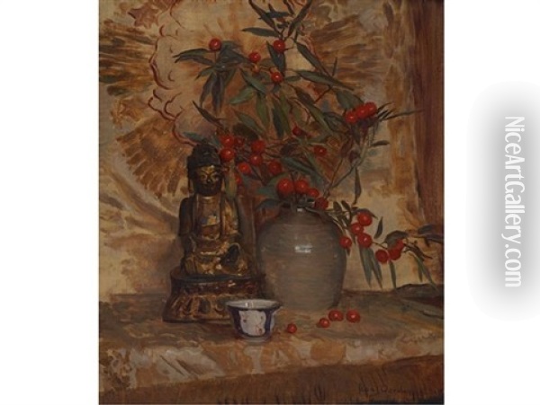 Still Life With Buddha And A Bowl Of Fruiting Hawthorn Oil Painting - Frans David Oerder