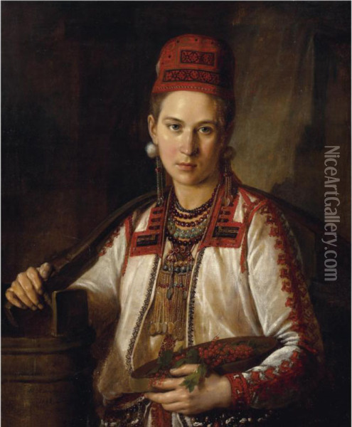 Portrait Of A Girl In Mordvinian Dress Oil Painting - Nikolai Michailovich Alexejeff