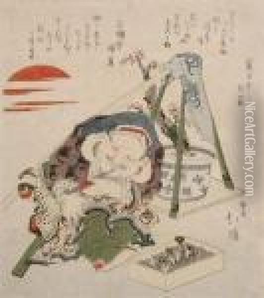 A Surimono Of A Lady Barefoot In The Snow At Night, Signed Toyokuniga Oil Painting - Toyokuni