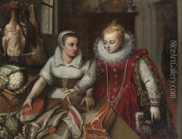 A Lady With Her Maid In A Kitchen Oil Painting - Lucas Van Uden