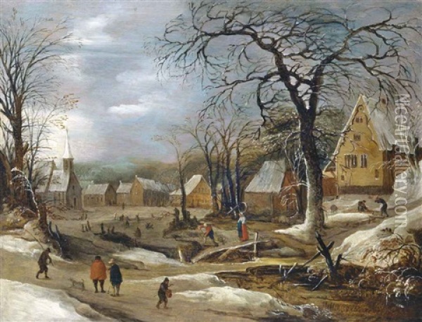 A Winter Landscape With Figures By A Frozen River In A Village Oil Painting - Frans de Momper