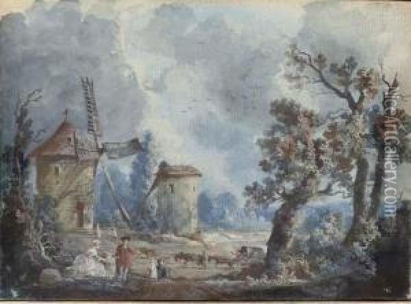 Figures In A Stormy Landscape 
With Windmills; And Figures In Alandscape With A Donkey Drinking At A 
Fountain Oil Painting - Louis Nicolael van Blarenberghe