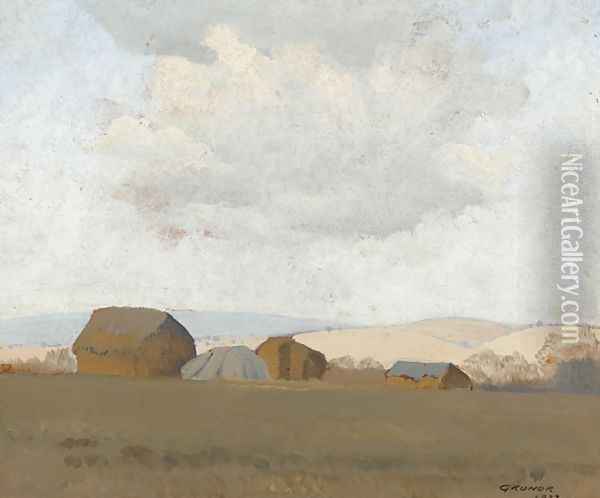 Hay Stacks (Hawkesbury Landscape) Oil Painting - Elioth Gruner