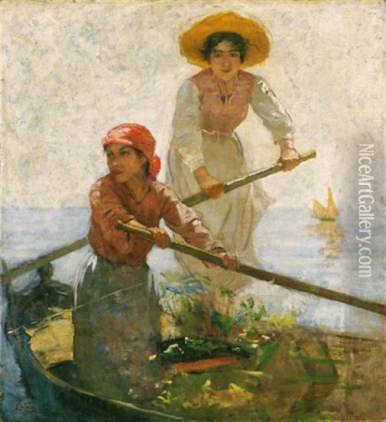 Barque Avec Deux Jeunes Filles (boat With Two Young Girls) Oil Painting - Edmond Jean de Pury