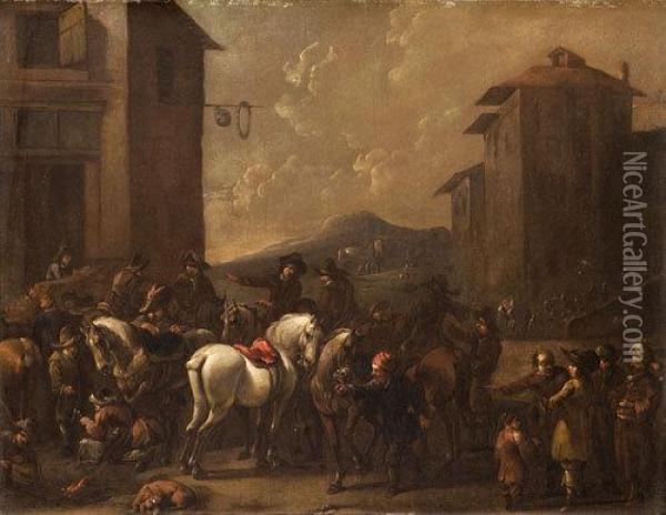 Sosta Di Cavalieri Presso Una Locanda Oil Painting - Pieter van Bloemen
