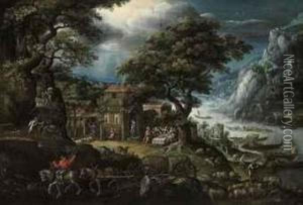 An Extensive, Mountainous, River Landscape, With Abraham And Theangels Oil Painting - Frans I Francken