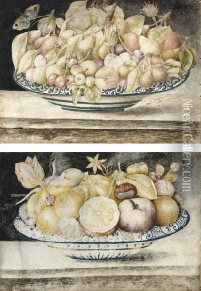 Still Life With Cherries, 
Peaches And Figs In A Blue And White Dish, A Butterfly Above; And Still 
Life With Oranges, Lemons, Peaches, Chestnuts And A Snail In A Blue And 
White Dish Oil Painting - Octavianus Montfort