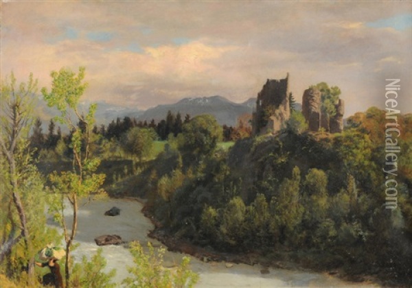 Felsige, Baumbestandene Flusslandschaft Mit Burgruine Oil Painting - Albert Lugardon