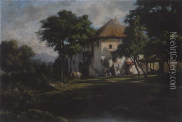 Gehoft In Bewaldeter Landschaft Oil Painting - Barthelemy Menn