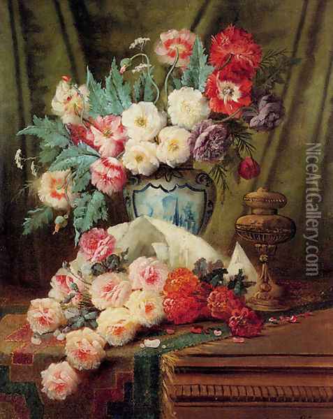Still Life Of Roses And Other Flowers On A Draped Table Oil Painting - Modeste Carlier