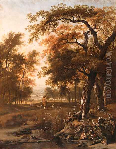 A wooded Landscape with Huntsmen resting by a path Oil Painting - Jan Wynants