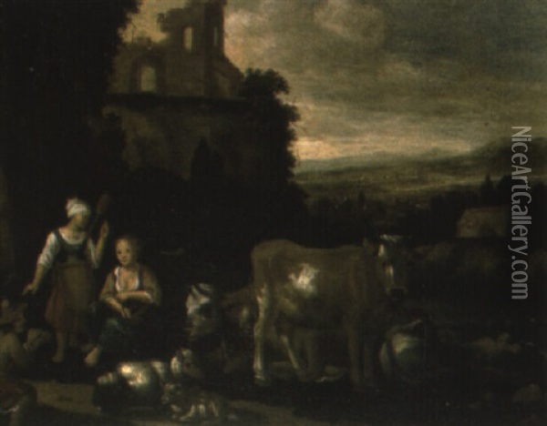 Peasants With Cattle And Sheep In A Landscape With A Ruined Church Oil Painting - Hendrick ten Oever
