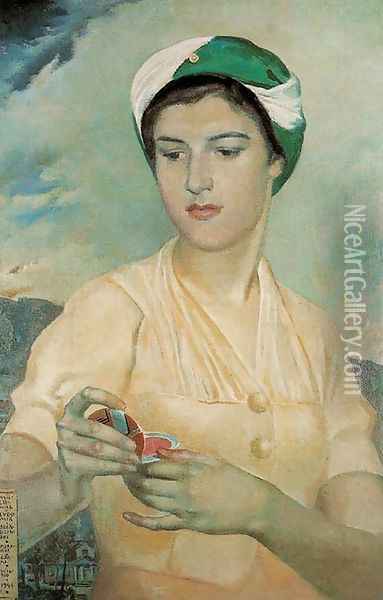 Portrait of the Artist's Daughter with a Powder-Box Oil Painting - Ludomir Slendzinski