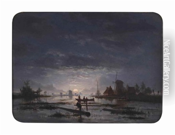 An Extensive River Scene With Fishermen By Night Oil Painting - Jacobus Theodorus Abels