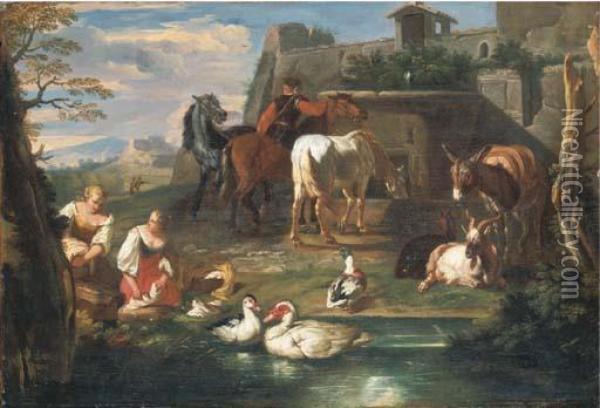 Washerwomen At A Pond With 
Ducks, Goats And A Donkey, A Riderwatering Horses At A Fountain And A 
Landscape Beyond Oil Painting - Pieter van Bloemen