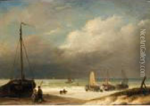 Boats On The Shore Oil Painting - Nicholas Jan Roosenboom