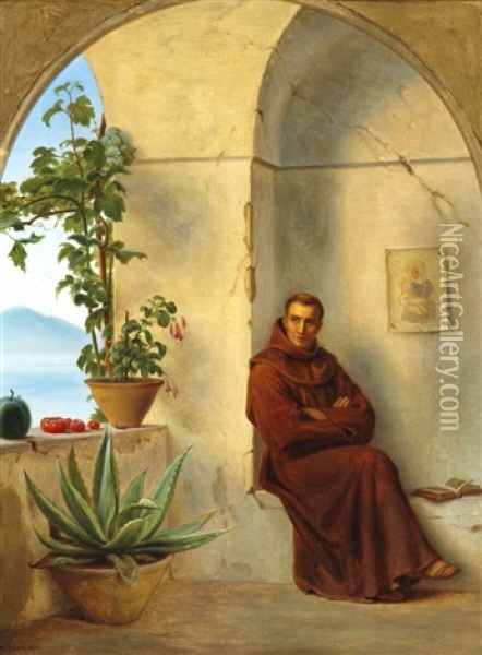 Monk In A Loggia By The Sea Oil Painting - Anton Laurids Johannes Dorph