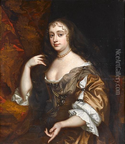 Portrait Of A Lady, Said To Be 
Lady Temple, Seated Half-length, In A Brown Dress With A White Chemise,
 Before An Embroidered Curtain Oil Painting - Sir Peter Lely