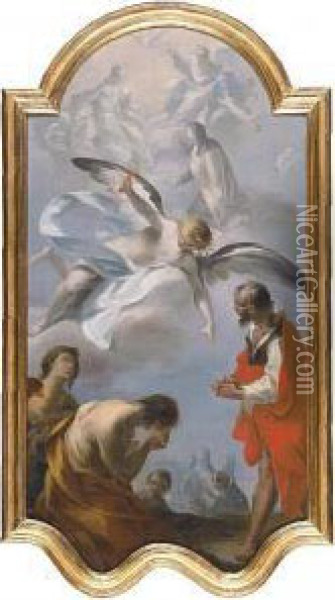 A Young Man Being Called By An Angel, The Holy Trinity Above Oil Painting - Anton Weiss