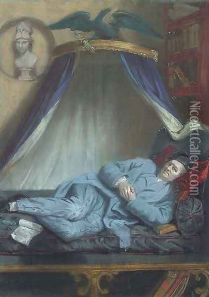Portrait of John Horne Tooke (1736-1812), small full-length, in a black sleeping hat and blue suit, reclining on a bed Oil Painting - John Raphael Smith