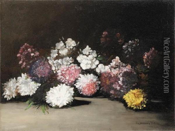 Chrysanthemums And Other Flowers Oil Painting - Germain Theodure Clement Ribot