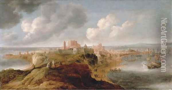 A fortified port on a promontory, an English frigate firing a salute Oil Painting - Bonaventura, the Elder Peeters