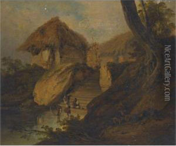 Figures Washing In A River With Thatched Huts Behind, Bengal, India Oil Painting - George Chinnery
