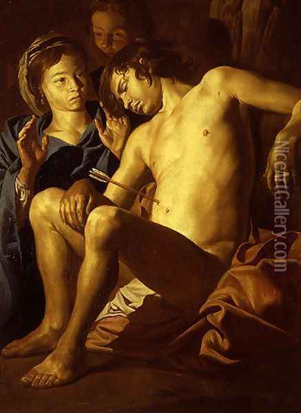 San Sebastián atendido por Santa Irene y una esclava 1640-1650 Oil Painting - Matthias Stomer