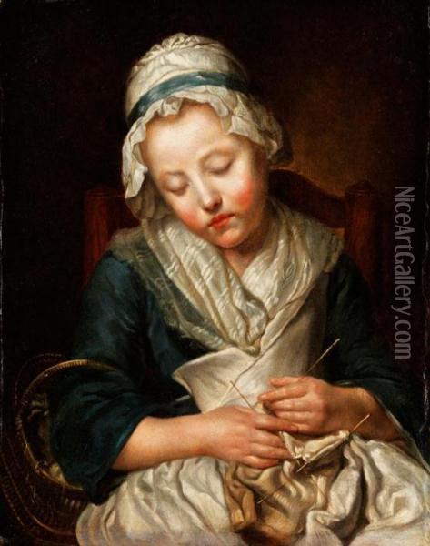Tricoteuse Endormie (beim Stricken Eingeschlafenesmadchen) Oil Painting - Jean Baptiste Greuze