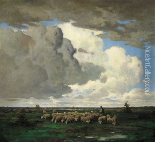 Schafherde Mit Hirte In Weiter Landschaft Oil Painting - Adolf Kaufmann