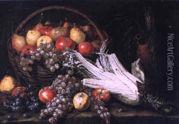 Nature Morte Au Panier De Pommes Et Poires, Celeri Et Raisins Oil Painting - Tommaso Salini