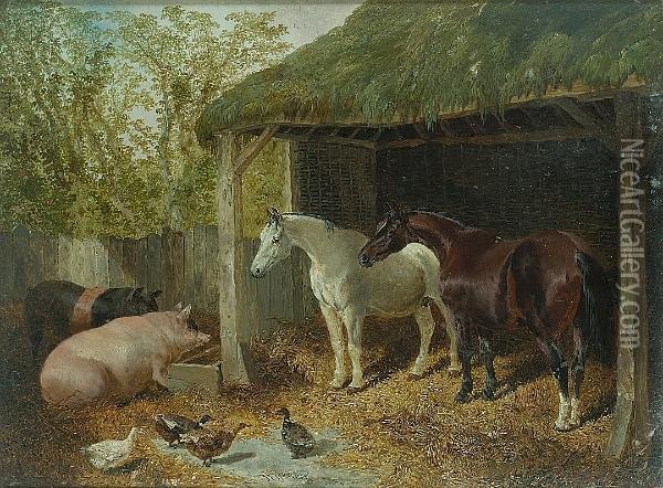 Horses, Ducks And Pigs In A Farmyard Oil Painting - John Frederick Herring Snr
