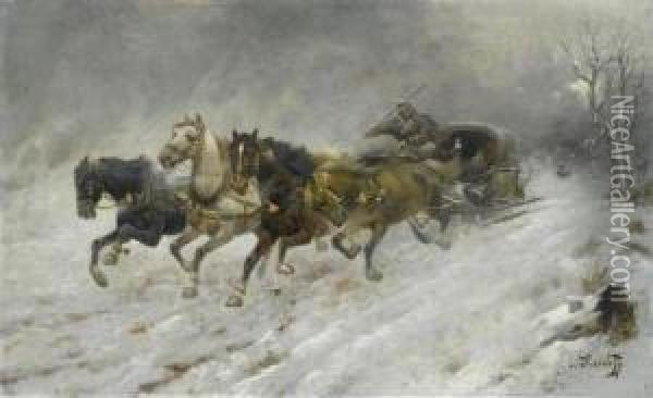 Horses And Sleigh In The Winter. Oil Painting - Adolf Baumgartner