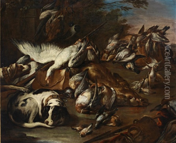 Two Hounds By A Game Bag And Dead Boar Oil Painting - Henry Caro-Delvaille